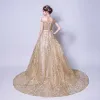 Luxury / Gorgeous A-Line / Princess Prom Dresses 2017 Gold Crossed Straps Appliques Backless Embroidered Pierced Ruffle Chapel Train Lace V-Neck Cocktail Party Sleeveless Evening Party