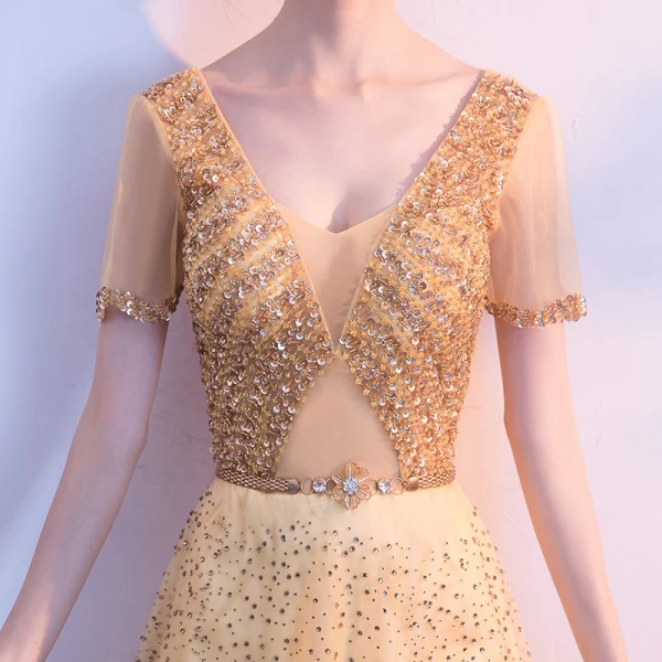 Chic / Beautiful Gold Evening Dresses 2018 A-Line / Princess V-Neck Tulle Backless Beading Rhinestone Sequins Evening Party Formal Dresses