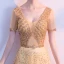 Chic / Beautiful Gold Evening Dresses  2018 A-Line / Princess V-Neck Tulle Backless Beading Rhinestone Sequins Evening Party Formal Dresses