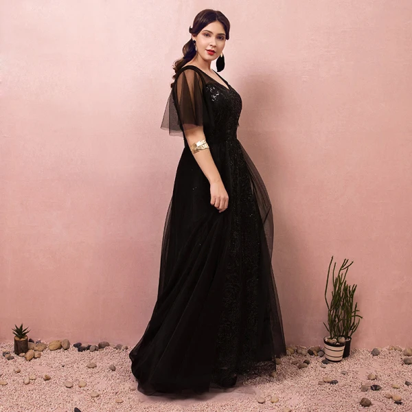 Scintillantes Bling Bling Noire Grande Taille Robe De Bal 2018 Princesse V-Cou Tulle Appliques Dos Nu Perlage Paillettes Promo Robe De Soirée