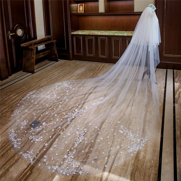 Amazing / Unique White Royal Train Wedding Tulle Star Appliques Starry Sky 4 m Wedding Veils 2018