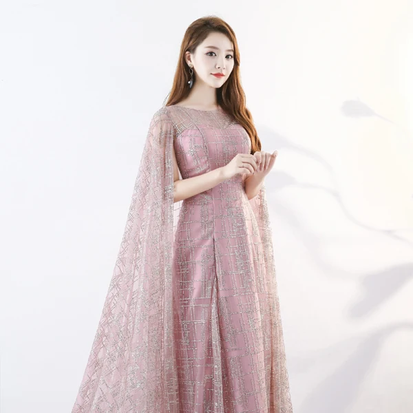 Amazing / Unique Blushing Pink Floor-Length / Long Evening Dresses 2018 A-Line / Princess With Cloak U-Neck Tulle Beading Sequins Evening Party Formal Dresses