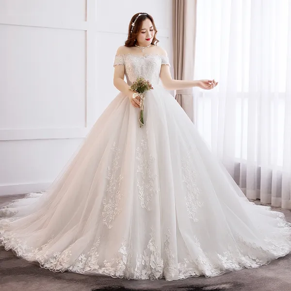 Moderne Mode Blanche Grande Taille Robe Boule Robe De Mariee 2019 Tulle Dentelle Dos Nu