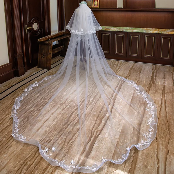 Chic / Belle Blanche Voile De Mariée 2020 Dentelle Tulle Appliques Chapel Train Mariage Accessorize