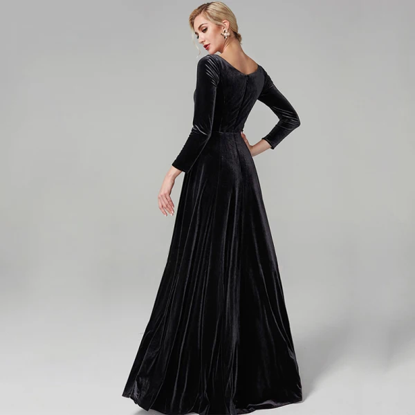 Modest / Simple Black Evening Dresses 2020 A-Line / Princess Floor-Length / Long Long Sleeve V-Neck Velour Solid Color Cocktail Party Evening Party Formal Dresses