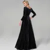 Proste / Simple Czarne Sukienki Wieczorowe 2020 Princessa Długie Długie Rękawy V-Szyja Welur Jednolity kolor Koktajlowe Wieczorowe Sukienki Wizytowe