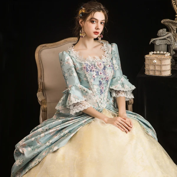 Vintage / Retro Medieval Multi-Colors Ball Gown Prom Dresses 2021 Zipper Up 1/2 Sleeves U-Neck Floor-Length / Long 3D Lace Beading Flower Printing Cosplay