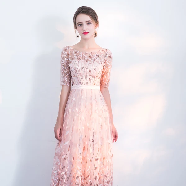 Chic / Beautiful Blushing Pink Evening Dresses 2017 A-Line / Princess Homecoming U-Neck Lace Backless Appliques Printing 1/2 Sleeves Evening Party Party Dresses