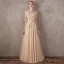 Chic / Beautiful Champagne Evening Dresses  2017 A-Line / Princess V-Neck Lace Pearl Appliques Backless Beading Homecoming Formal Dresses