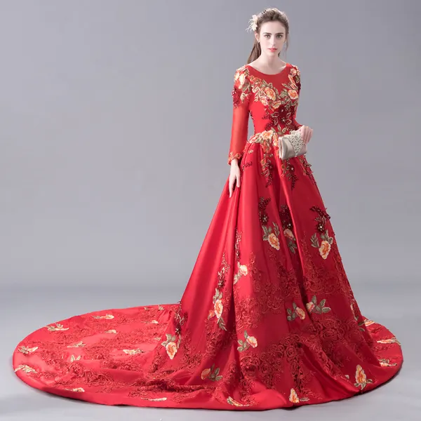 Luxury / Gorgeous Red Evening Dresses  2017 A-Line / Princess U-Neck Lace Charmeuse Handmade  Beading Embroidered Backless Evening Party Prom Dresses