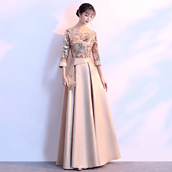Chic / Beautiful Gold Evening Dresses  2018 A-Line / Princess Charmeuse U-Neck Beading Sequins Zipper Glitter Evening Party Formal Dresses