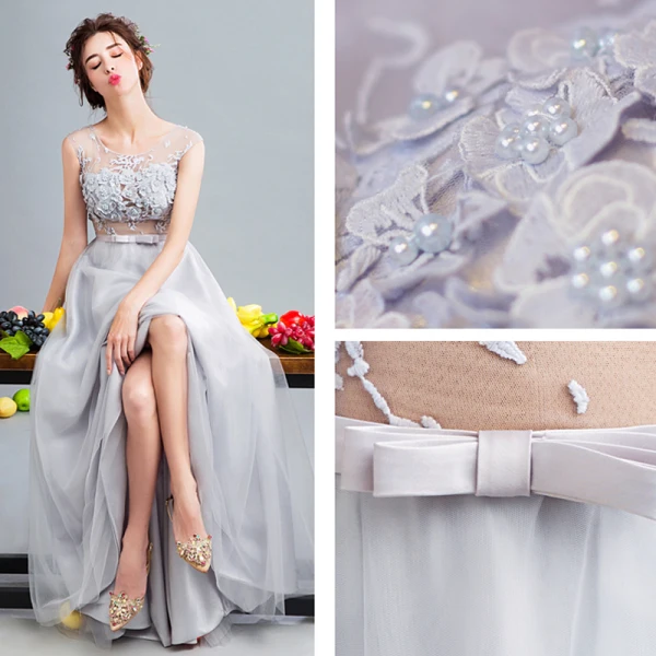Chic / Beautiful Grey Evening Dresses 2017 A-Line / Princess U-Neck Tulle Appliques Backless Beading Evening Party Formal Dresses