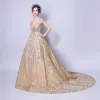Luxury / Gorgeous A-Line / Princess Prom Dresses 2017 Gold Crossed Straps Appliques Backless Embroidered Pierced Ruffle Chapel Train Lace V-Neck Cocktail Party Sleeveless Evening Party