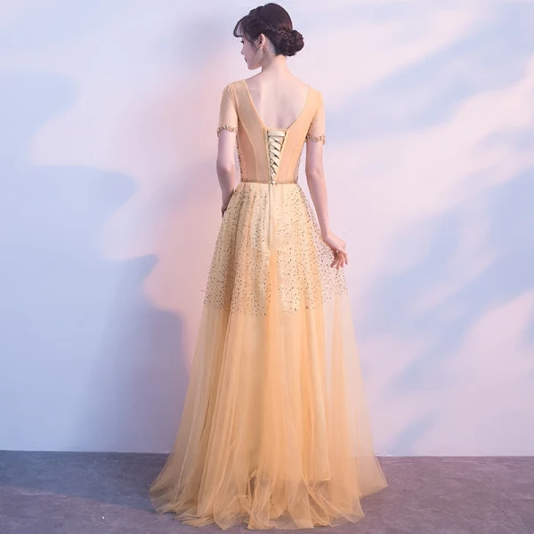 Chic / Beautiful Gold Evening Dresses 2018 A-Line / Princess V-Neck Tulle Backless Beading Rhinestone Sequins Evening Party Formal Dresses