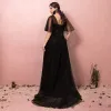 Sparkly Bling Bling Black Plus Size Prom Dresses 2018 A-Line / Princess V-Neck Tulle Appliques Backless Beading Sequins Prom Evening Dresses