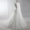 Luxury / Gorgeous White Chapel Train Wedding 2018 A-Line / Princess Long Sleeve Tulle Lace-up Beading Appliques Pearl Pierced Wedding Dresses