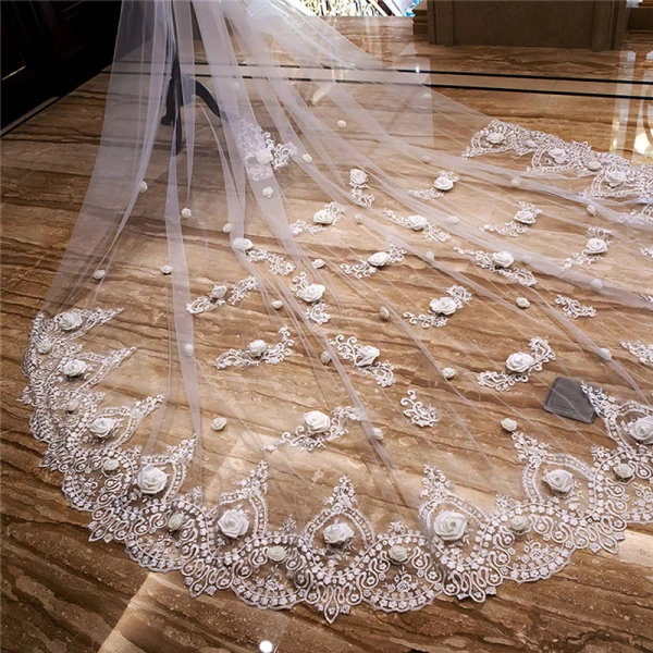 Flower Fairy White Cathedral Train Wedding 4 m Tulle Lace Flower Appliques Wedding Veils 2018