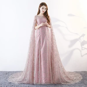 Unique Rougissant Rose Longue Robe De Soirée 2018 Princesse Avec Cape U Cou Tulle Perlage Paillettes Soirée Robe De Ceremonie