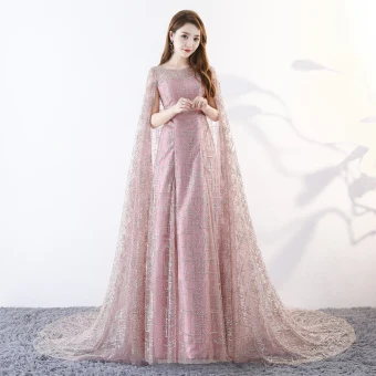 Unique Rougissant Rose Longue Robe De Soirée 2018 Princesse Avec Cape U Cou Tulle Perlage Paillettes Soirée Robe De Ceremonie