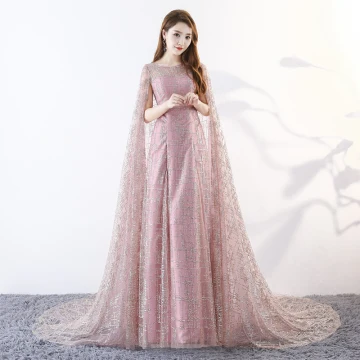 Amazing Unique Blushing Pink Floor Length Long Evening Dresses 2018 A Line Princess With Cloak U Neck Tulle Beading Sequins Evening Party Formal Dresses