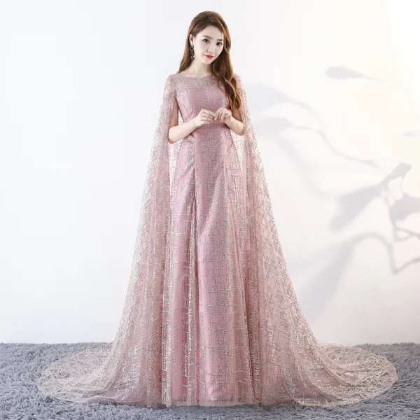 Unique Rosa Lange Abendkleider 2018 A Linie Mit Umhang U-Ausschnitt Tülle Perlenstickerei Pailletten Abend Festliche Kleider
