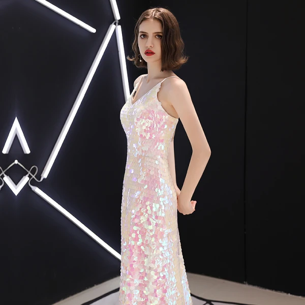 Sparkly Bling Bling Candy Pink Short Cocktail Dresses 2018 A-Line / Princess V-Neck Beading Sequins Polyester Cocktail Party Formal Dresses