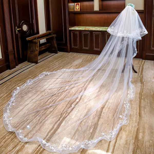 Chic / Belle Blanche Voile De Mariée 2020 Dentelle Tulle Appliques Chapel Train Mariage Accessorize