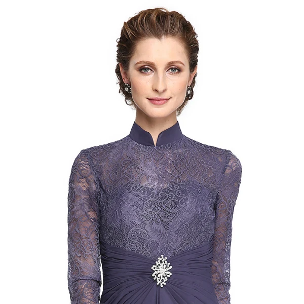 Luxury / Gorgeous Purple Mother Of The Bride Dresses 2020 A-Line / Princess Floor-Length / Long High Neck Long Sleeve Backless Embroidered Handmade Wedding Wedding Party Dresses