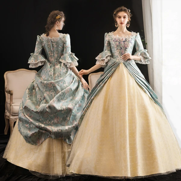 Vintage / Retro Medieval Multi-Colors Ball Gown Prom Dresses 2021 Zipper Up 1/2 Sleeves U-Neck Floor-Length / Long 3D Lace Beading Flower Printing Cosplay