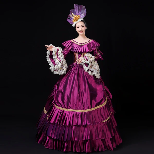 Vintage / Retro Medieval Grape Ball Gown Prom Dresses 2021 U-Neck Floor-Length / Long Long Sleeve Crossed Straps Embroidered Cosplay Prom Formal Dresses