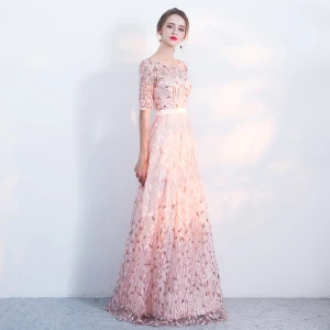 Chic Beautiful Blushing Pink Evening Dresses 2017 A Line Princess Homecoming U Neck Lace Backless Appliques Printing 1 2 Sleeves Evening Party Party Dresses