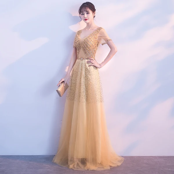 Chic / Beautiful Gold Evening Dresses 2018 A-Line / Princess V-Neck Tulle Backless Beading Rhinestone Sequins Evening Party Formal Dresses