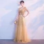 Chic / Beautiful Gold Evening Dresses  2018 A-Line / Princess V-Neck Tulle Backless Beading Rhinestone Sequins Evening Party Formal Dresses