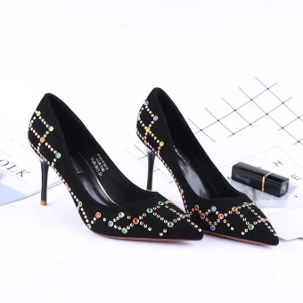 Chic Beautiful Black 2018 Office High Heels Beading Rhinestone 8 Cm Pumps Pointed Toe Stiletto Heels Womens Shoes