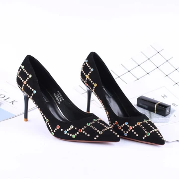 Mooie Prachtige Zwarte 2018 Kantoor Hoge Hakken Kralen Rhinestone 8 Cm Pumps Spitse Neus Naaldhakken Stiletto Damesschoenen