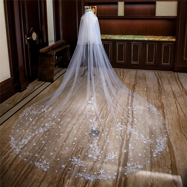 Amazing / Unique White Royal Train Wedding Tulle Star Appliques Starry Sky 4 m Wedding Veils 2018
