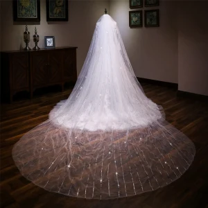 Luxury Gorgeous White Cathedral Train Wedding Tulle Beading Sequins Wedding Veils 2018