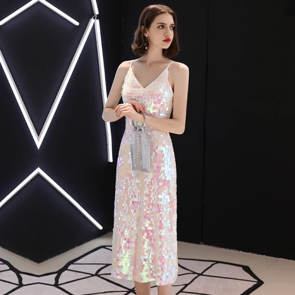 Sparkly Bling Bling Candy Pink Short Cocktail Dresses 2018 A-Line / Princess V-Neck Beading Sequins Polyester Cocktail Party Formal Dresses