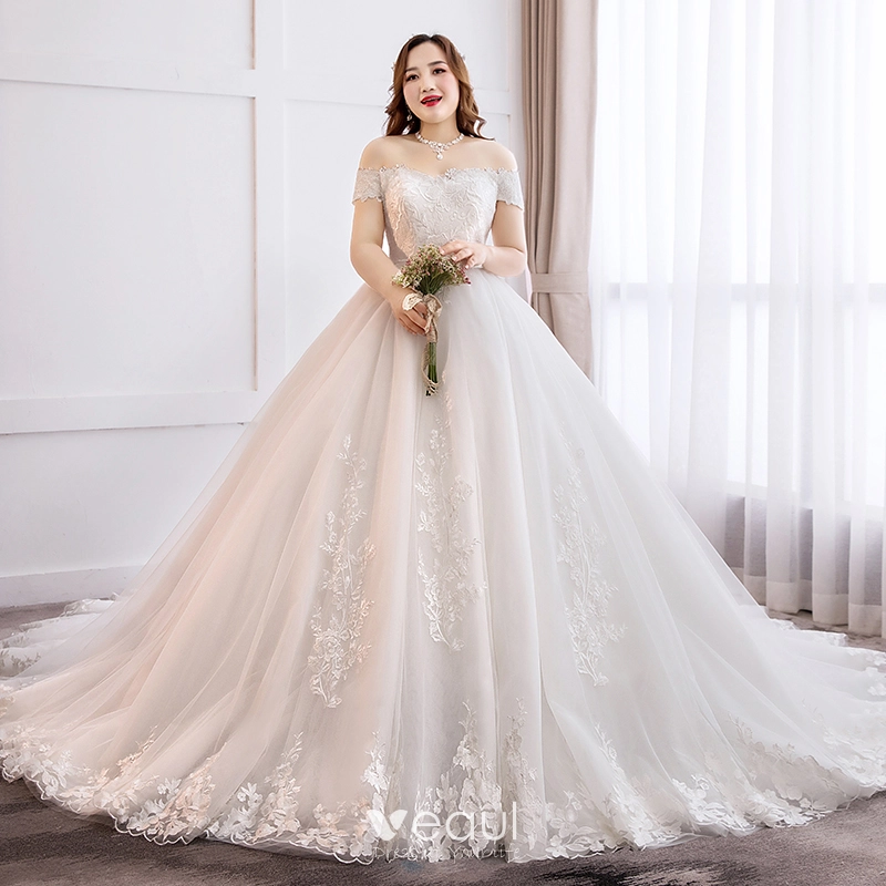 Moderne Mode Blanche Grande Taille Robe Boule Robe De Mariee 2019 Tulle Dentelle Appliques Dos Nu Brode Bustier Cathedral Train Mariage