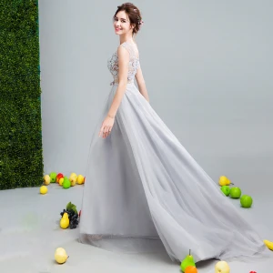 Chic Beautiful Grey Evening Dresses 2017 A Line Princess U Neck Tulle Appliques Backless Beading Evening Party Formal Dresses