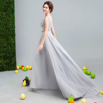 Chic Beautiful Grey Evening Dresses 2017 A Line Princess U Neck Tulle Appliques Backless Beading Evening Party Formal Dresses