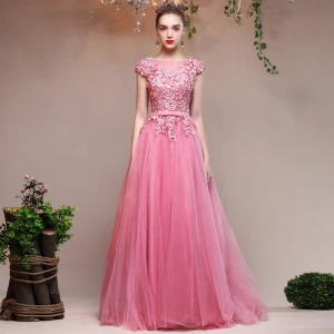 Chic Beautiful Candy Pink Evening Dresses 2017 U Neck Lace Appliques Backless A Line Princess Formal Dresses