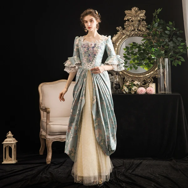 Vintage / Retro Medieval Multi-Colors Ball Gown Prom Dresses 2021 Zipper Up 1/2 Sleeves U-Neck Floor-Length / Long 3D Lace Beading Flower Printing Cosplay