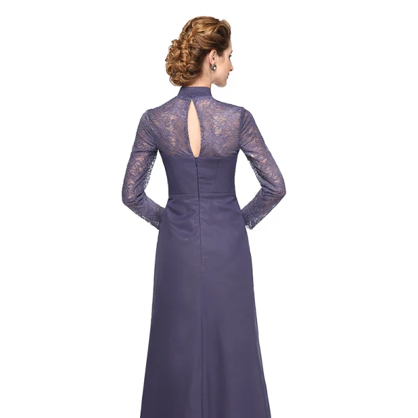 Luxury / Gorgeous Purple Mother Of The Bride Dresses 2020 A-Line / Princess Floor-Length / Long High Neck Long Sleeve Backless Embroidered Handmade Wedding Wedding Party Dresses
