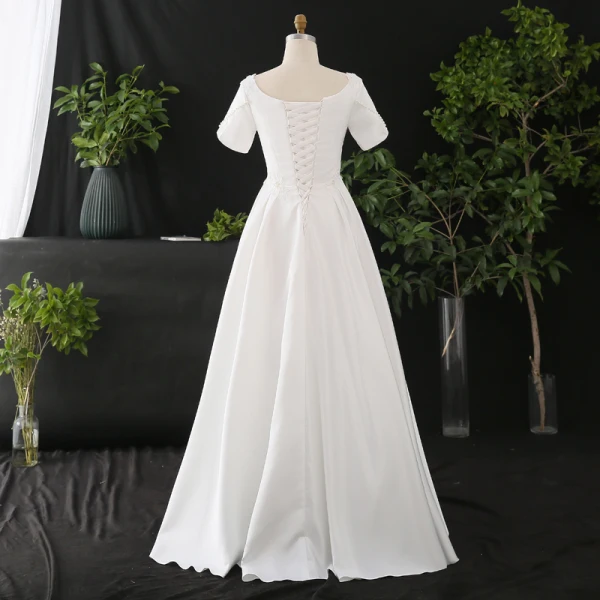 Unique Weiß Übergröße Brautkleider / Hochzeitskleider 2020 A Linie Lange Kurze Ärmel U-Ausschnitt Handgefertigt Perlenstickerei Applikationen Rückenfreies Perle Hochzeit