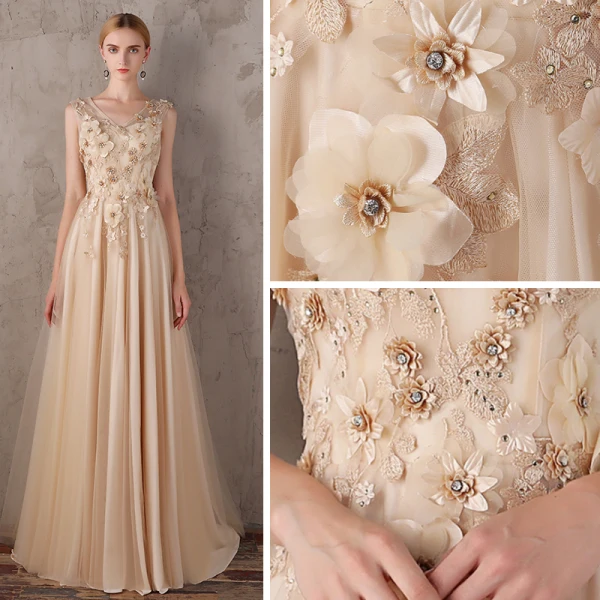 Chic / Beautiful Champagne Evening Dresses  2017 A-Line / Princess V-Neck Lace Pearl Appliques Backless Beading Homecoming Formal Dresses