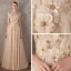 Chic / Beautiful Champagne Evening Dresses  2017 A-Line / Princess V-Neck Lace Pearl Appliques Backless Beading Homecoming Formal Dresses