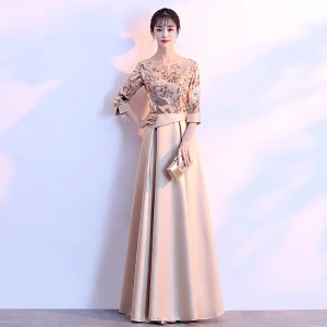 Chic Beautiful Gold Evening Dresses 2018 A Line Princess Charmeuse U Neck Beading Sequins Zipper Glitter Evening Party Formal Dresses