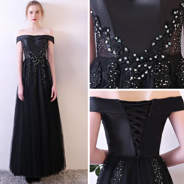 Modern / Fashion Black Evening Dresses 2018 A-Line / Princess Lace Strapless Appliques Beading Backless Evening Party Formal Dresses