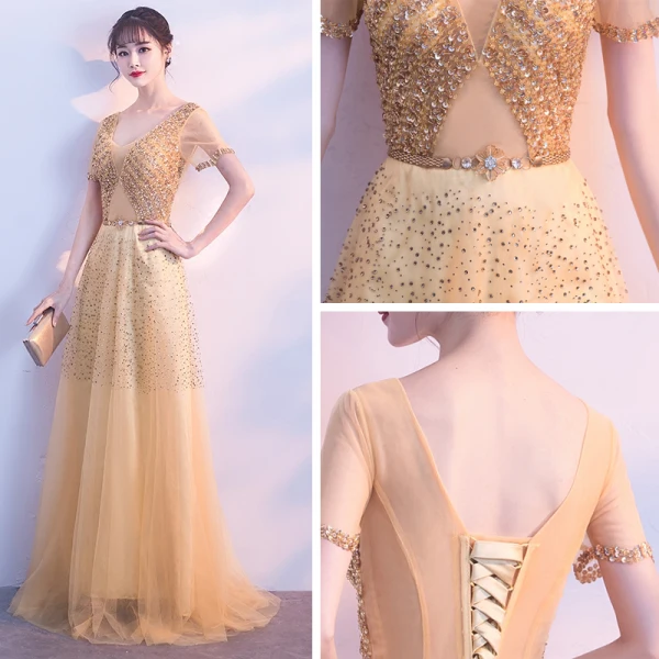 Chic / Beautiful Gold Evening Dresses 2018 A-Line / Princess V-Neck Tulle Backless Beading Rhinestone Sequins Evening Party Formal Dresses
